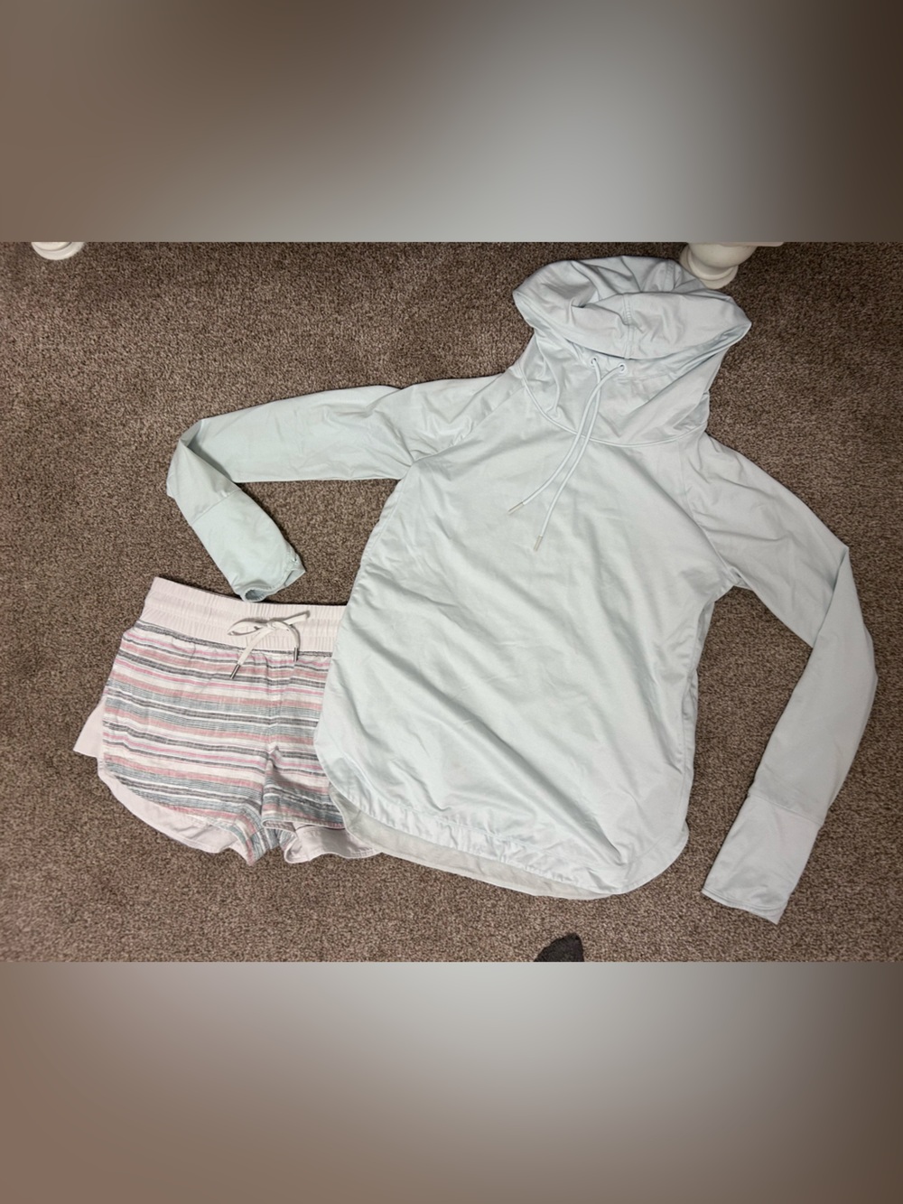 Athleta Light Hoodie with Pastel Striped Lounge Shorts
